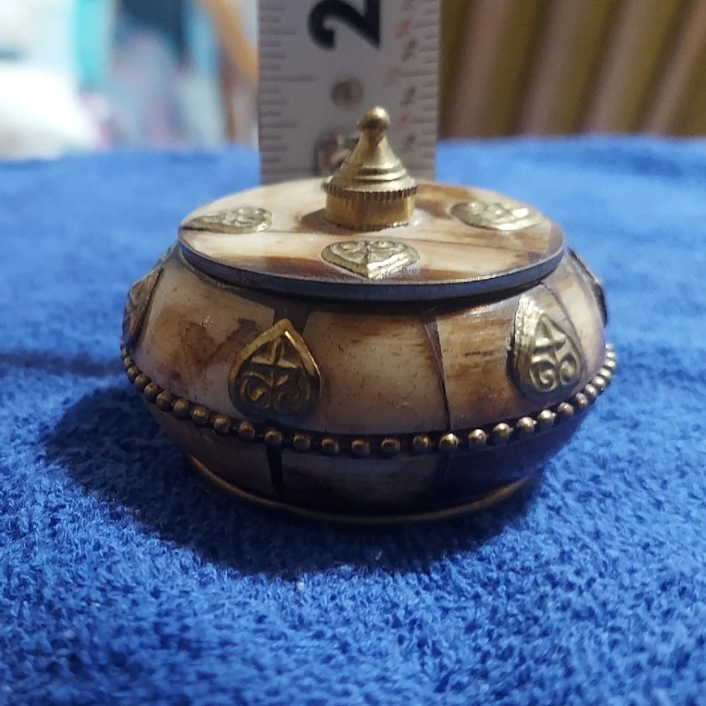 Vintage Handcrafted Indian Bone & Brass Inlay Trinket Box Boho Keepsake